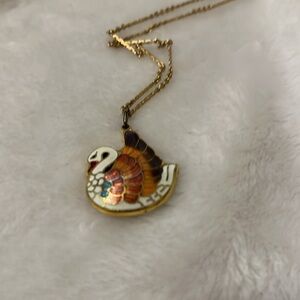 Necklace,  pendant, Swan of many colors in cloisonné gold tone chain